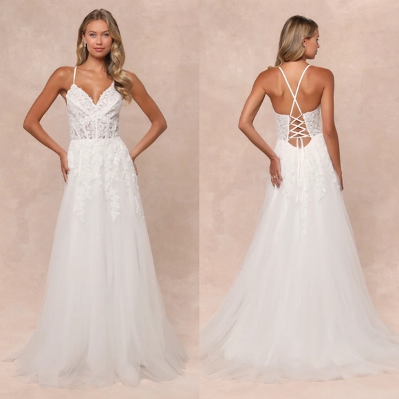 Lulus Glorious Luxury White Sheer Tulle Embroidered Beaded Maxi Dress Wedding - Picture 1 of 10